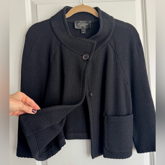 St. John Caviar Black Textured Knit Swing Jacket Office Holiday Party Size 6 - Picture 4 of 8